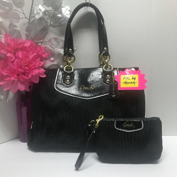 Coach Handbags - Coach Ashley 20050 Black Gathered Satin Purse Handbag & Wristlet SET